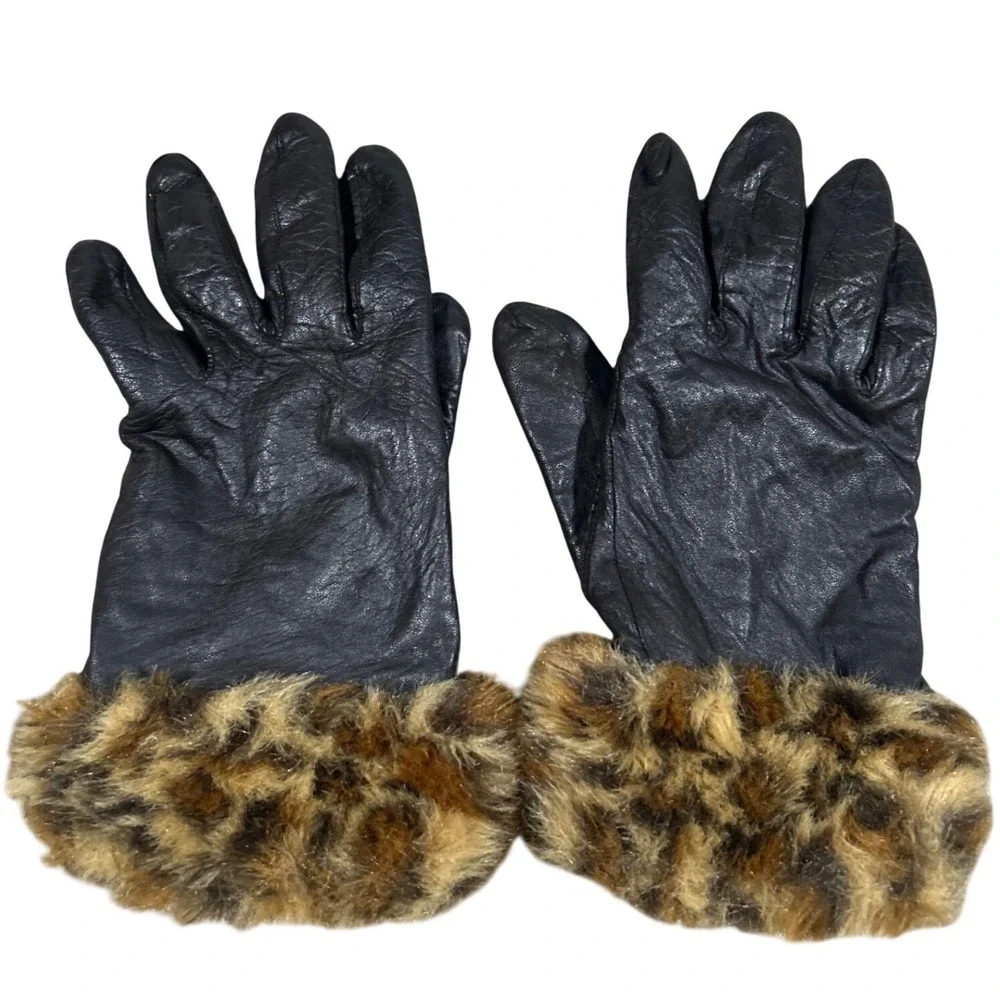 Merona Womens Black Leather Gloves Leopard Faux Fur Cuff Mob‎ Wife Chic Luxury